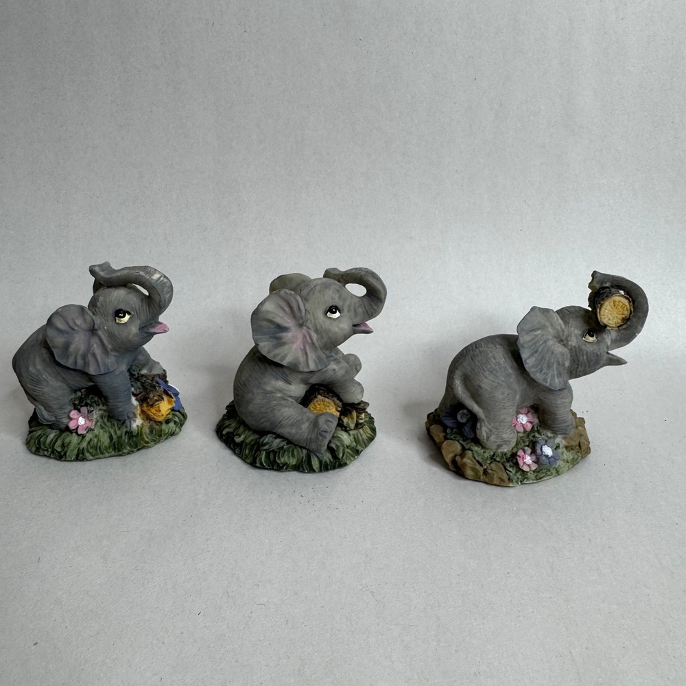 3 Elephant Figurines 3" Collectible Vintage Baby Flowers Log